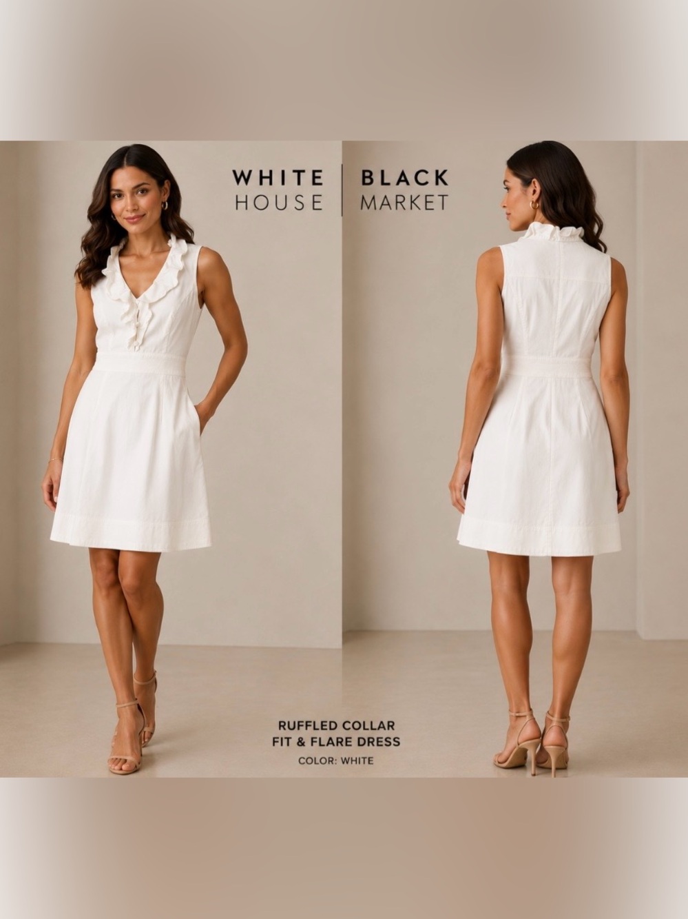 White House Black Market white Ruffled V-Neck Sleeveless Dress